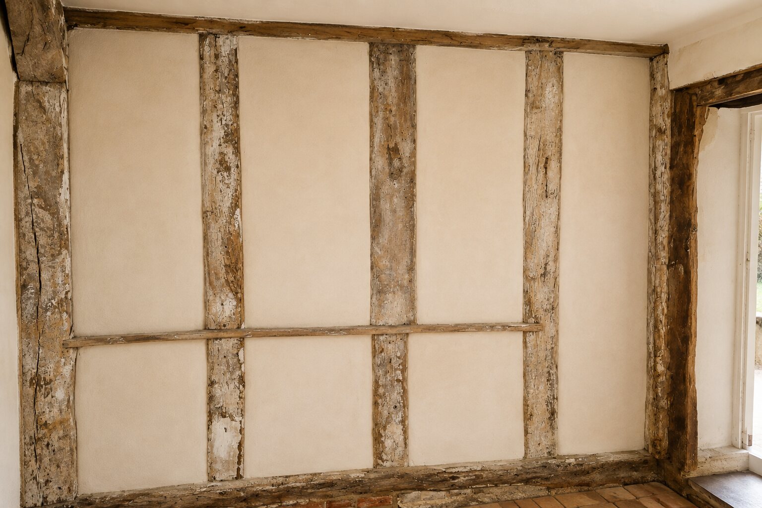 Hand-finished lime plaster surrounding an old cottage window