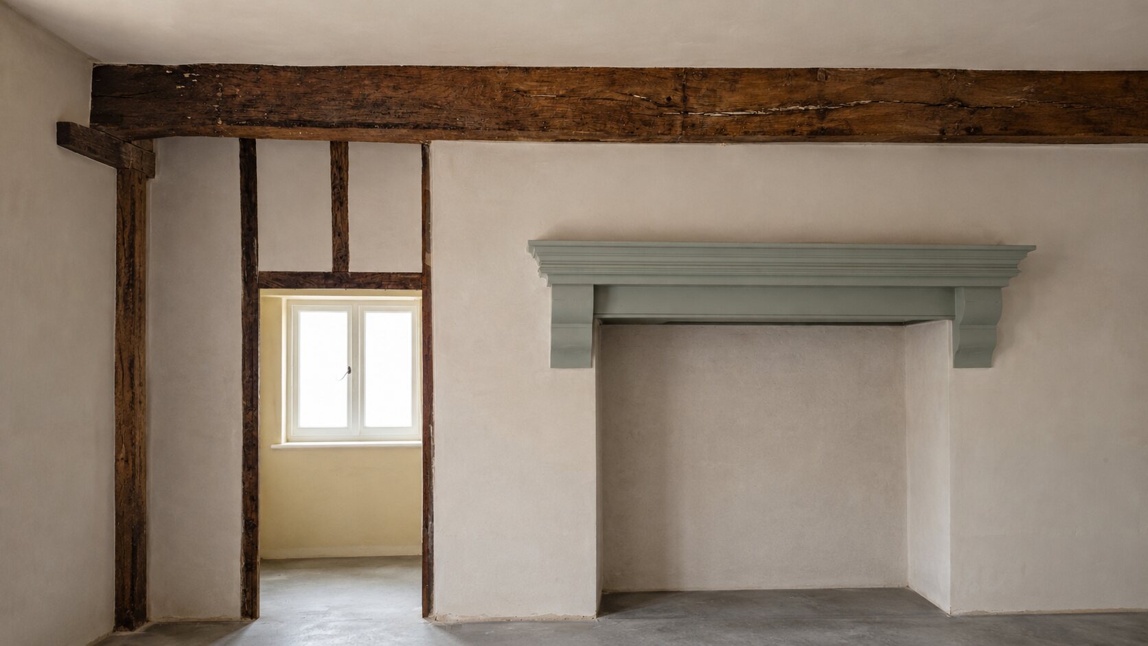 Internal lime plaster panels between exposed timber framing