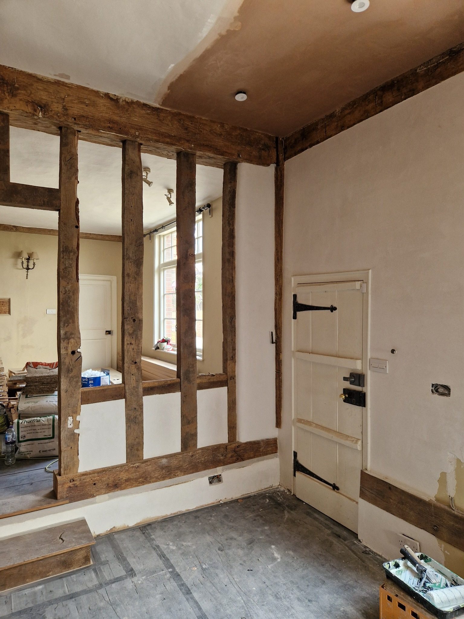 Completed lime plastering within a timber-framed Suffolk home